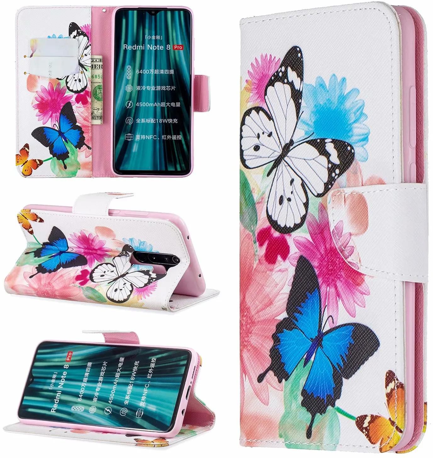 Xiaomi Redmi Note 8 Pro Case, Flip Wallet Phone Cover for Redmi Note 8 Pro - Flower Butterfly