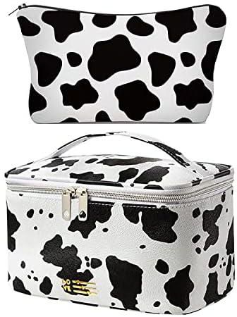 Makeup Bag Set Cosmetic Bag Organizer Small Travel Make Up Pouch Organizer Toiletry Bags for Purse Women Girls 2PACK (Cute Cow Print)