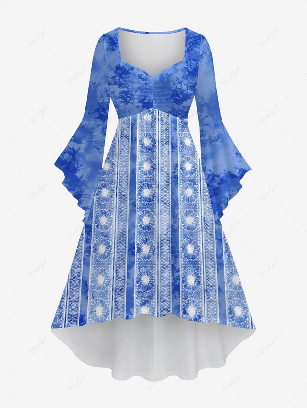 Plus Size Flare Sleeves Daisy Striped Tie Dye Ombre High Low Asymmetric Ruched A Line Dress - 6x