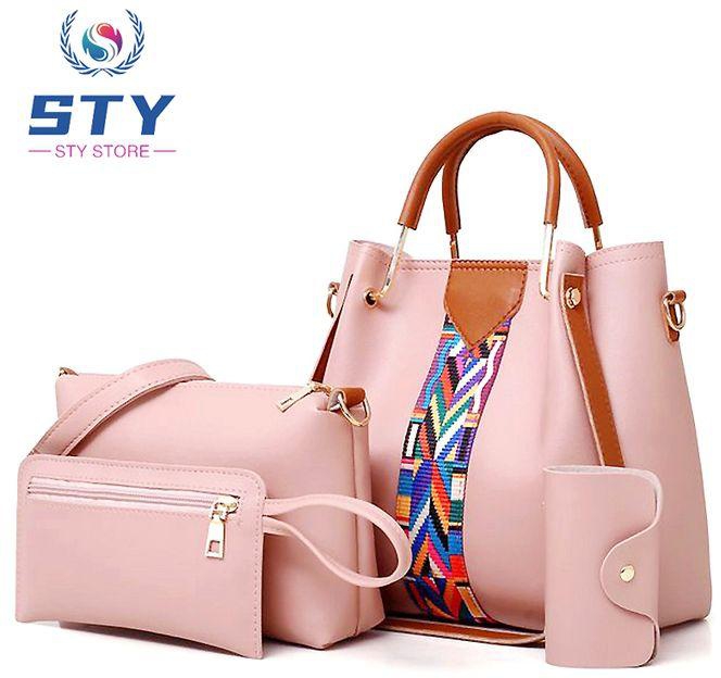 Fashion 4 In 1 Ladies Handbags Women Shoulder Bags Set PU Leather -Pink