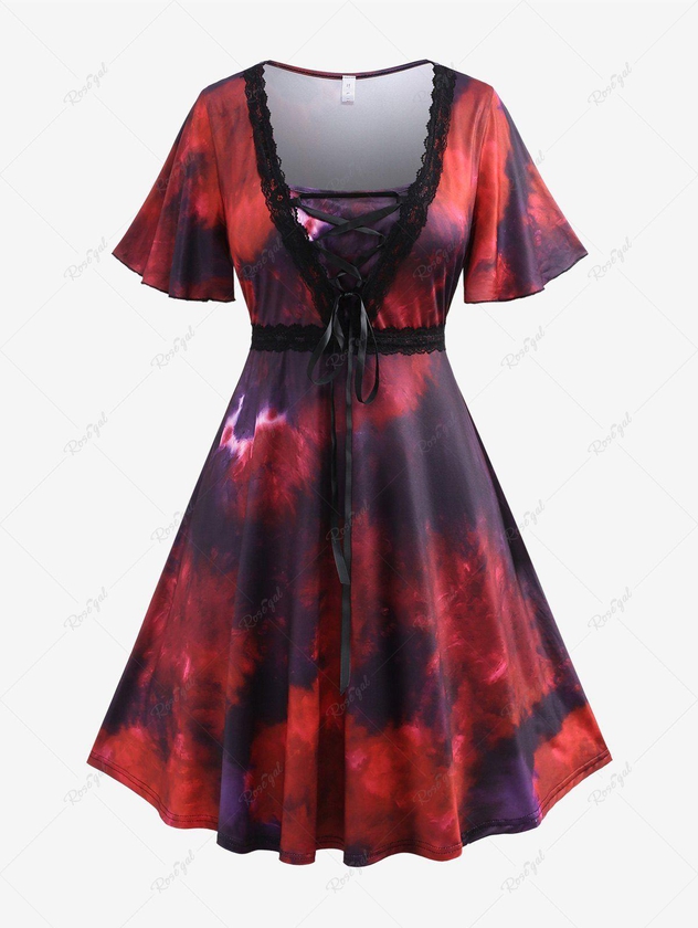 Plus Size Lace-up Lace Butterfly Sleeve Tie Dye Midi Dress - 1x | Us 14-16