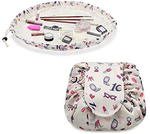 ELECDON Lazy Drawstring Make up Bag, Portable Large Travel Cosmetic Bag Pouch Travel Makeup Pouch Storage Organiser for Women Girl Lipstick Large Capacity Flat Toiletry Bags (7 x 10 Inch)