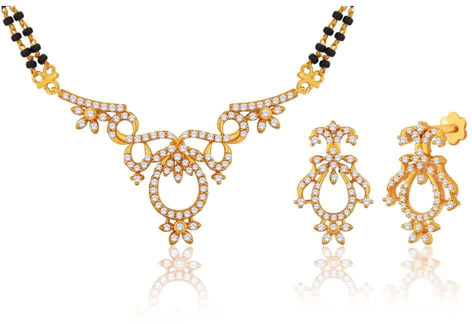 Peora 18 Karat Gold Plated Cubic Zirconia "Shobhna" Mangalsutra Earrings Set