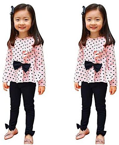 Toddler Kids Baby Girls Dots Print Clothes Bow Top T-shirt Pants Outfits Set