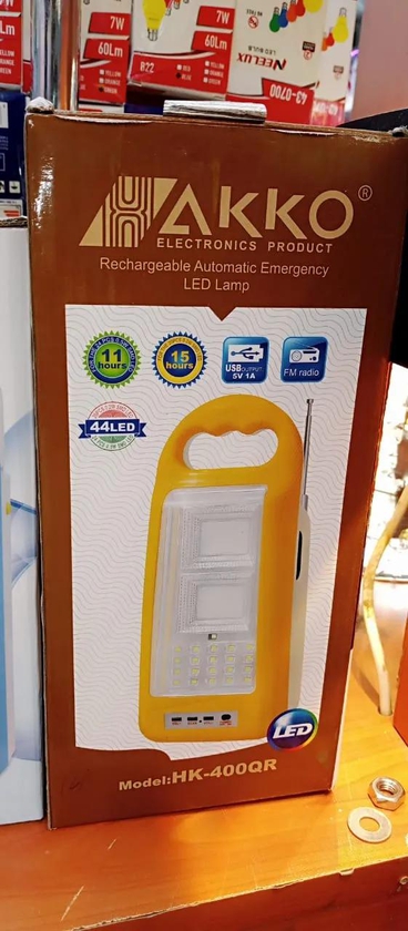 LAMP RECHARGEABLE AUTOMATIC EMERGENCY LED LAMP WITH AN FM RADIO AKKO USB OUTPUT 5V 1A.THERE IS NO MORE LIVING IN DARKNESS WITH THE POWER OFF. A RADIO TO KEEP YOUR NIGHTS GREAT.HAS 