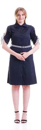 Cotton Button Short Pleated Sleeve Midi Dress - Size: M (Navy)