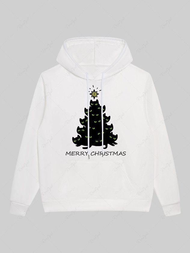 Gothic Cat Christmas Tree Stars Letters Print Pocket Drawstring Fleece Lining Pullover Hoodie For Men - 5xl
