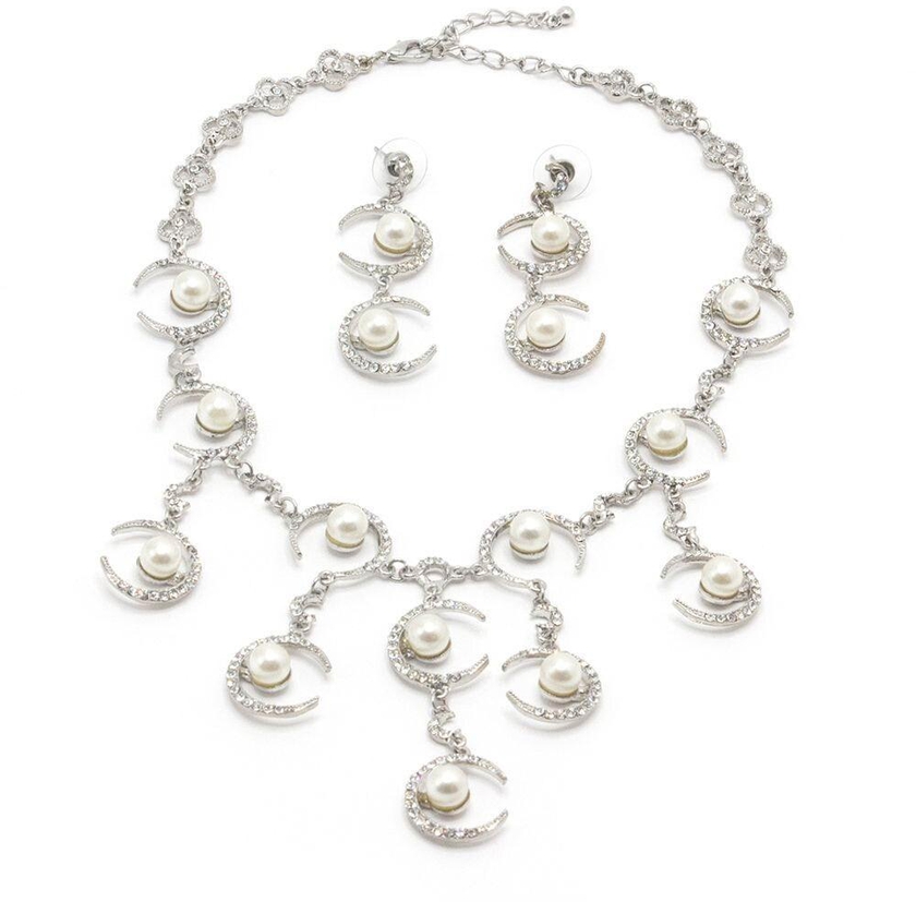Tanos - Fashion Silver Plated Set (Necklace &amp; Earring) Crescent w/ Immitation Pearl