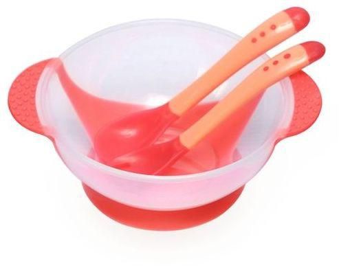 Generic 3pcs Bright Color Babies Bowl With Suction Cup Assist Temperature Sensing Spoon - Red