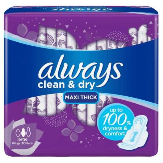 Always Cool & Dry Maxi Thick, Large Sanitary Pads, 30 Pads