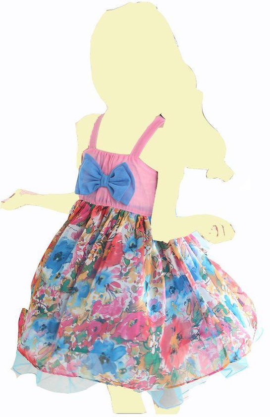 فستان بناتي وردي في أزرق حمالات مقاس 5- 6 سنوات