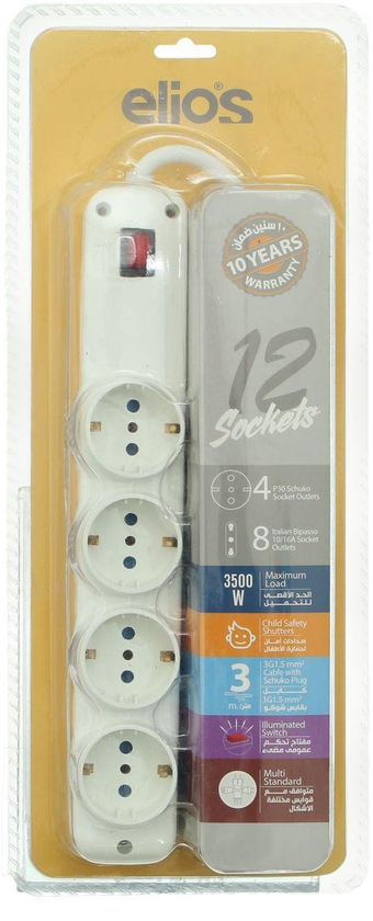 POWER STRIP EXTENSION BOARD 12 Sockets 16 Amp 3500 W, Child Safety Socket Cover, Cord 3 M- White