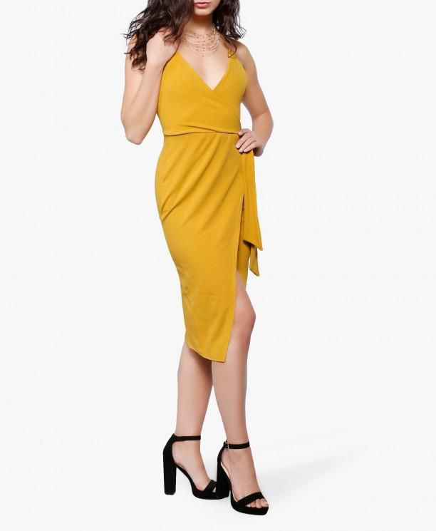 Mustard Wrap-Style Midi Dress