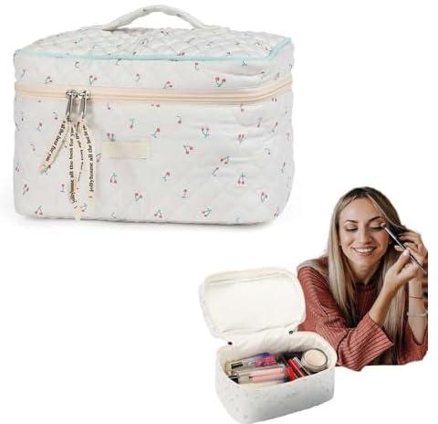 Cotton Makeup Bag, Quilted Cosmetic Bag with Handle Large Capacity Travel Toiletry Bag for Women Lovely Aesthetic Floral Makeup Bag