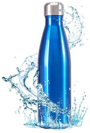 زجاجة مياه بسعة 500 مل مصنوعة من الستانلس ستيل، معزولة ومفرغة من الهواء ومصممة بشكل زجاجة المياه الغازية. تحافظ على برودة/ سخونة مشروبك حتى 12 ساعة بفضل المعدن المقاوم للتسرب. 28*8*9سم