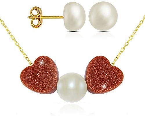 Vera Perla 18K Solid Gold Heart Sunstone and Pearl Jewelry Set - 18KHSN+E