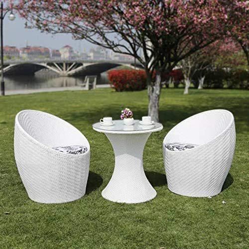 Ex Furniture Set 3 Piece Balcony Bird&#39;S Nest Rattan Chairs Cushion Glass Coffee Table Indoor/Outdoor Garden (White)