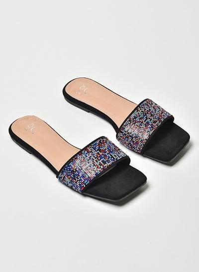 Stone Embellished Broad Strap Slip-On Flat Sandals Black/Blue/Red