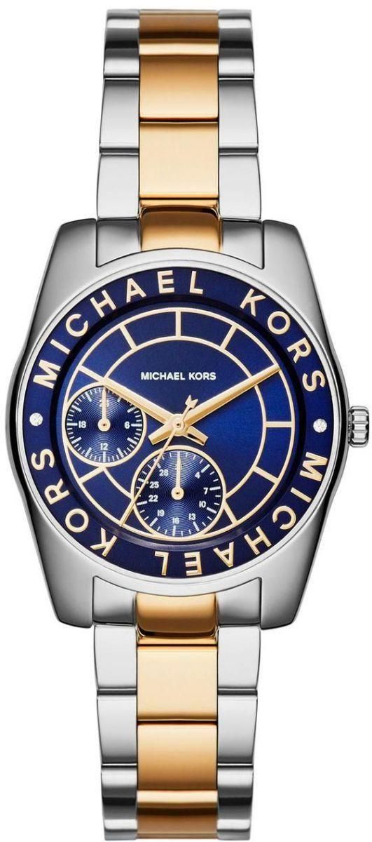ساعة مايكل كورس ميني ريلاند للنساء بمينا ازرق وبسوار ستانلس ستيل متعددة الوظائف- MK6195