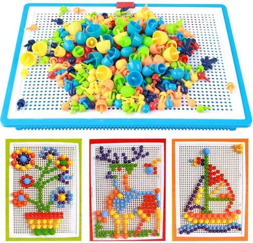 296Pcs Jigsaw Puzzle Mix Colour Mushroom Nails Pegboard Educational Building Bricks Creative DIY Peg Puzzle Toys 3D Games Birthday Christmas Party Gift for Kids Children Age Over 3 Years Old
