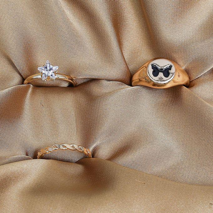 fluffy women accessories Black Flower Earing-Set Of Rings 3 Pcs Fluffy Women's Accessories-Gold