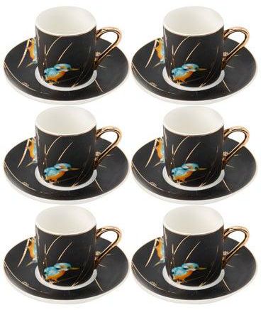 طقم فناجين قهوة مع الصحون بطبعة طائر مكون من 12 قطعة أسود/ذهبي/أزرق 6x Coffee Cups 100 ml, 6x Saucer 12 cm