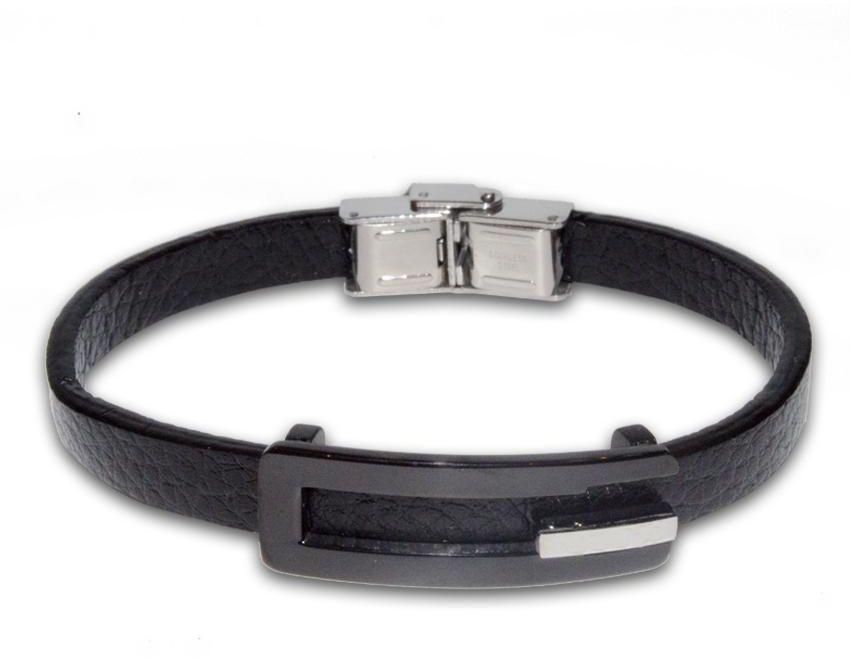 Bracelets for Men of The Metal and Genuine Leather - Black Color - br036-0101