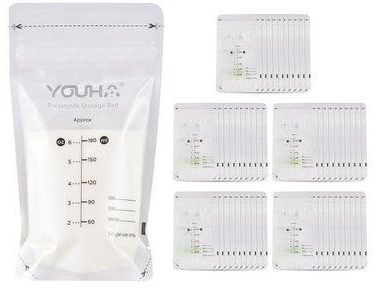 YOUHA Breastmilk Storage Bags Milk Storing Bags for Breastfeeding 180ml/6oz Capacity Pre-Sterilized BPA Free Double Zipper Seal Leak-Proof, Pack of 50pcs