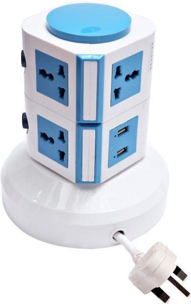 4-Way Universal Vertical Extension Socket with 2 USB Ports, 2 Layers, Blue