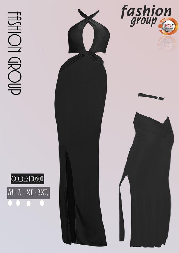 Fashion Group X Bra Microfiber Long Dress With Split Leg - Black