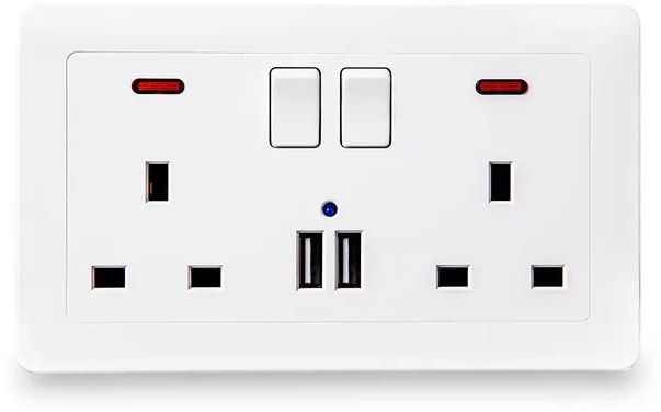 Wall Power Socket +USB  Hole,UK Standard 13A Outlet, 5V2.1A Dual USB Charger Port, LED Indicator,146mm*86mm,On-Off Contro