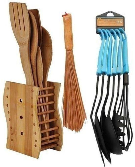 6 Pcs Of Kitchen Wooden Spoons + 6 Set Of Non-stick Spoons + 1 Ewedu Broom