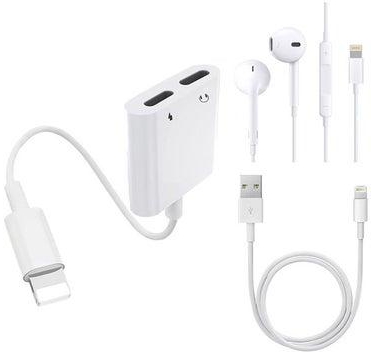 Adapter 2 in 1 for iPhone with charger port and headphone port with iPhone cable and earphone