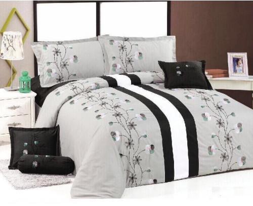 King Size - 6 Pieces Embroidered Duvet Cover Set - Gray and Black Floral Design