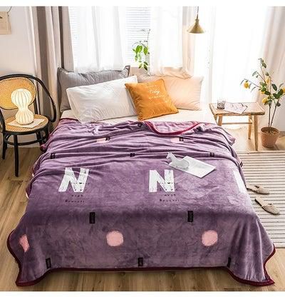 Soft Letter Printed Bed Blanket Cotton Purple 150x200centimeter