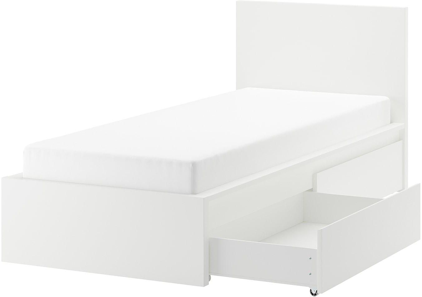 MALM Bed frame, high, w 2 storage boxes - white 90x200 cm