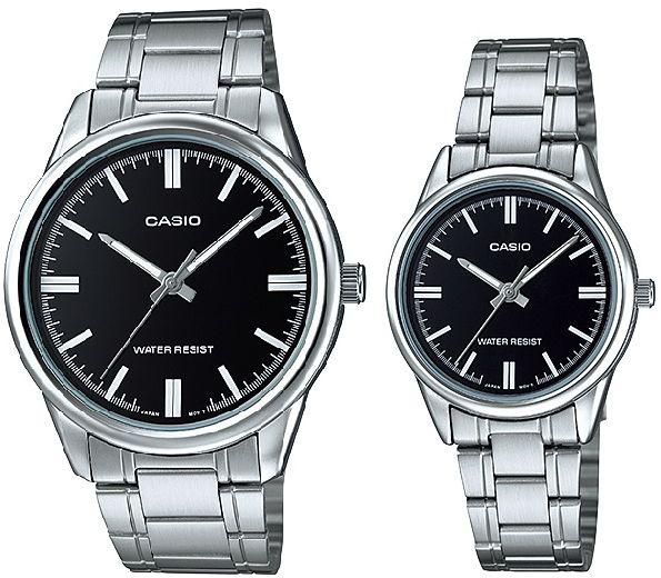 Casio His & Hers Black Dial Stainless Steel Band Couple Watch - MTP/LTP-V005D-1A