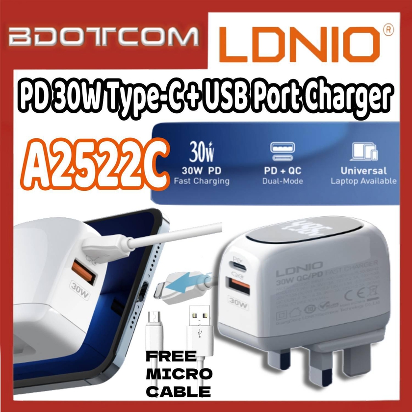 LDNIO A2522C PD 30W Type-C + USB Port Fast Charge Wall Charger (UK Plug)