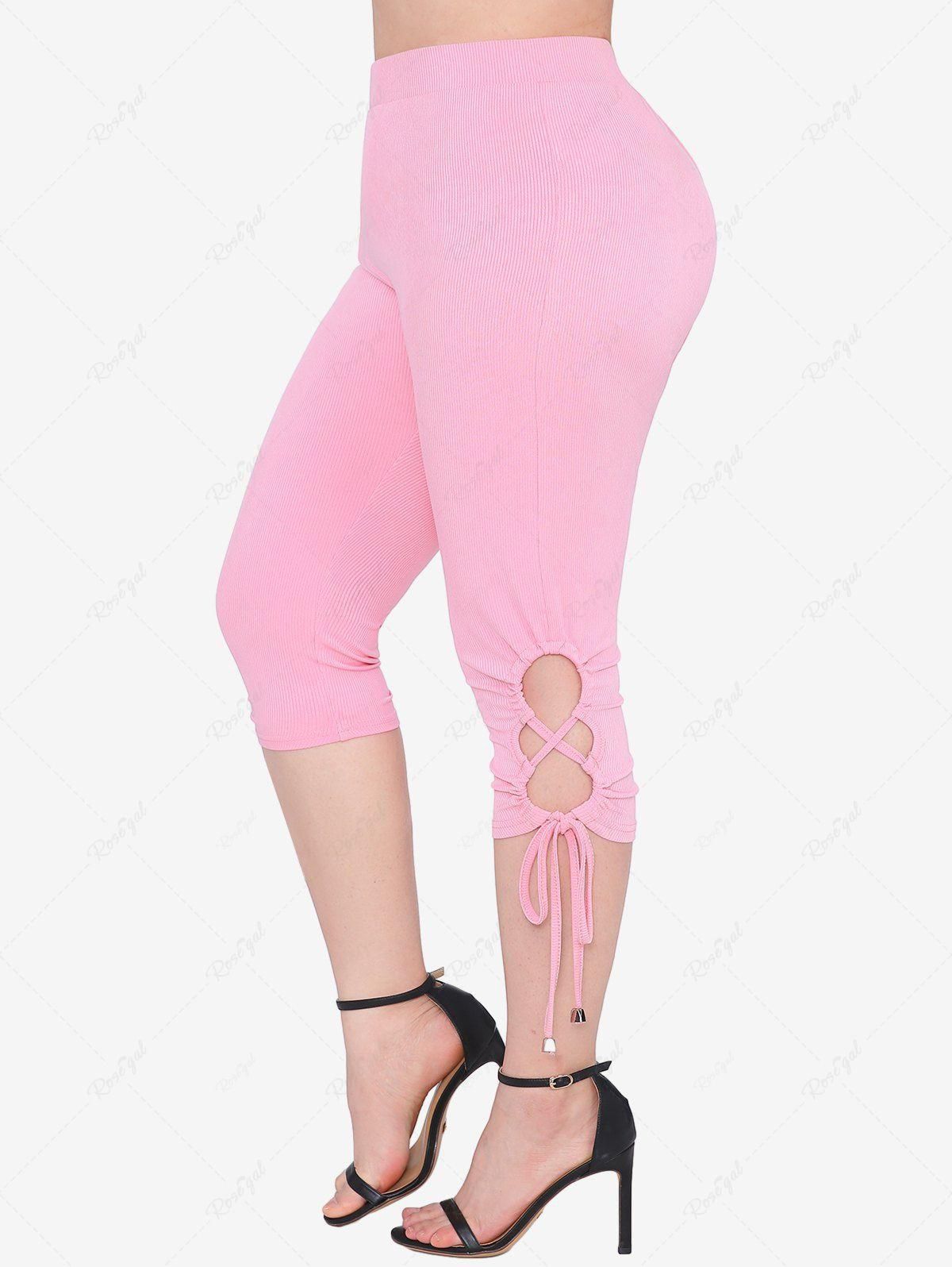 Plus Size Lace Up Braided Cinched Tied Side Solid Ribbed Capri Leggings - 4x | Us 26-28