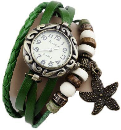 Retro Leather Rope Band Ladies Watch with Starfish Pendant  - Green