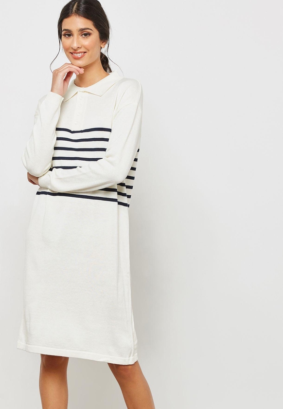 Striped Paneled Knitted Polo Dress