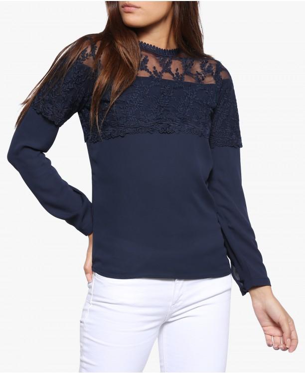 Navy Embroidered Yoke Top