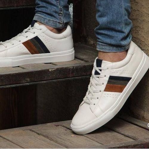 Casual Sneakers With Navy&Grey&Camel Side Detail - White