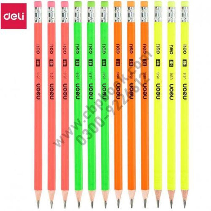Deli HB NEON GRAPHITE Pencil With Eraser - 1 Box - 12 Pcs