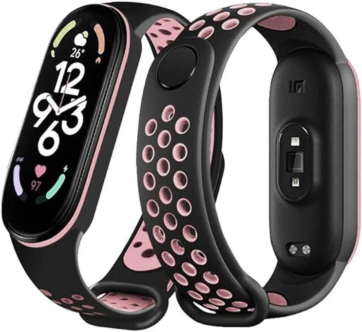 Silicone Sport Strap Compatible with Mi Band 5 / Mi Band 6 Breathable Replacement Strap Compatible with Xiaomi Mi Band 5 6 Smart Watch, One Size (Black/Pink)