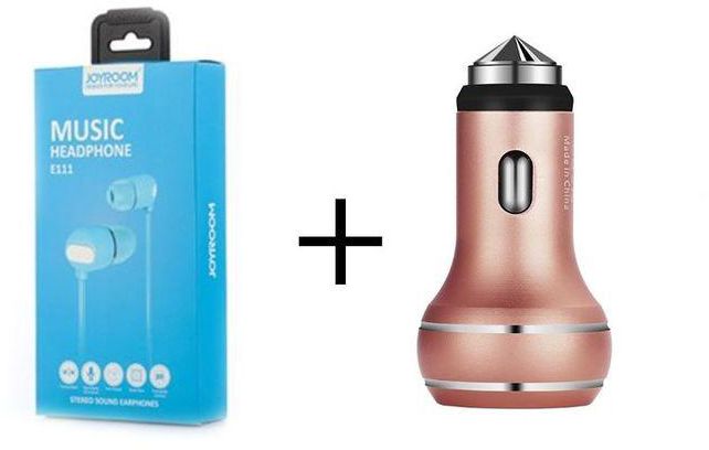 Joyroom Bundle Offer Jr-E111 In-Ear Headset Earphone With Microphone Blue & C-M306 5v/2.1a Smart Chip Dual USB Port Quick Charge Car Charger + Aluminium Alloy - Rose Gold