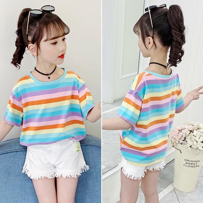 Koolkidzstore Girls T-Shirt Cotton Rainbow Striped - 6 Sizes (As Picture)