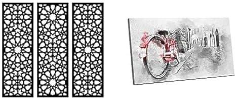 Bundle Home gallery arabesque wooden wall art 3 panels 80x80 cm + Canvas Wall Art, Abstract Framed Portrait of retro vintage red bike on cobblestone street 60 W x 40 H x 2 D