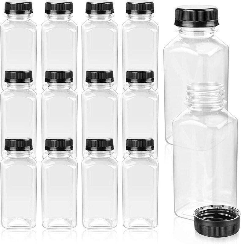 Lavish 250 ml Empty Containers Transparent Plastic Square Bottles With Lids, For Juice Milk Fruit Juice And Many More [12 Units]