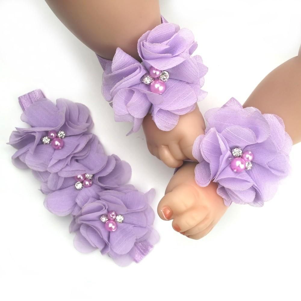 Lilian Baby Headband and Barefoot Sandals Baby Girl Flower Set (15 Colors)